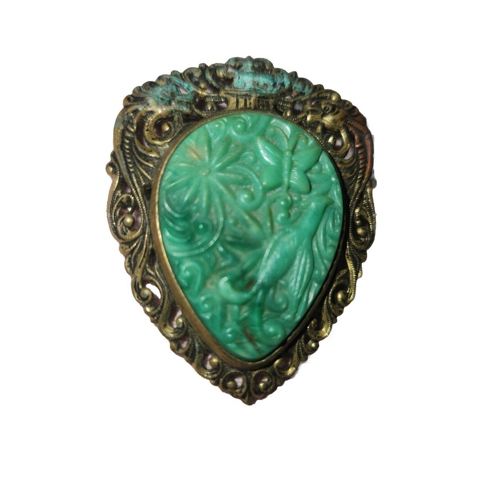 Vintage Chinese Carved Faux Jade Bird Brooch Pin Pendant Filigree